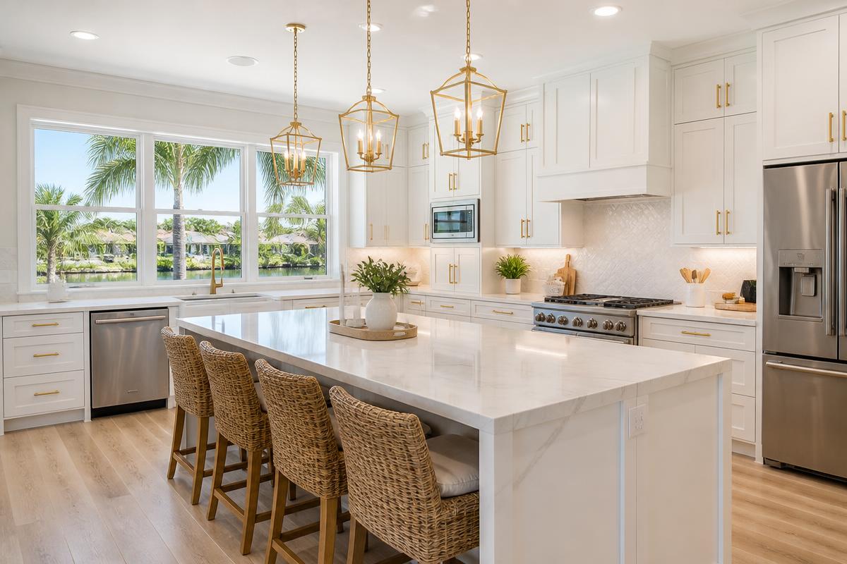 Beautiful remodeled kitchen with quartz island and gold accents